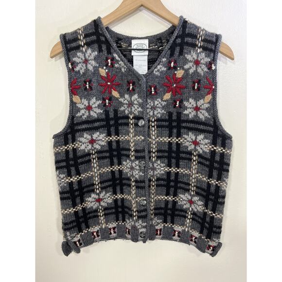 90s Cottagecore Grandma Wool Knit S Windowpane Plaid Vest Rustic Grunge Cozy Y2K - Picture 1 of 12